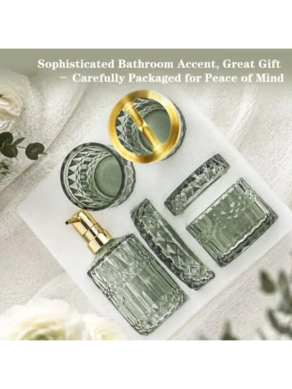 5-Piece Green Bathroom Accessories Set - Glass Dispenser, Soap Dish, Toothbrush